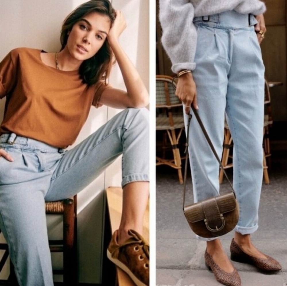 SEZANE Franck Light Wash High Rise Belted Pleated Tapered Leg Denim Jeans Size 2